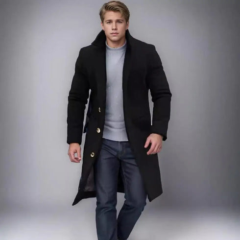 Elegant Men's Woolen Coat with Lapel Pockets - Single Breasted Long Sleeve Jacket Perfect for Autumn and Winter Casual Wear